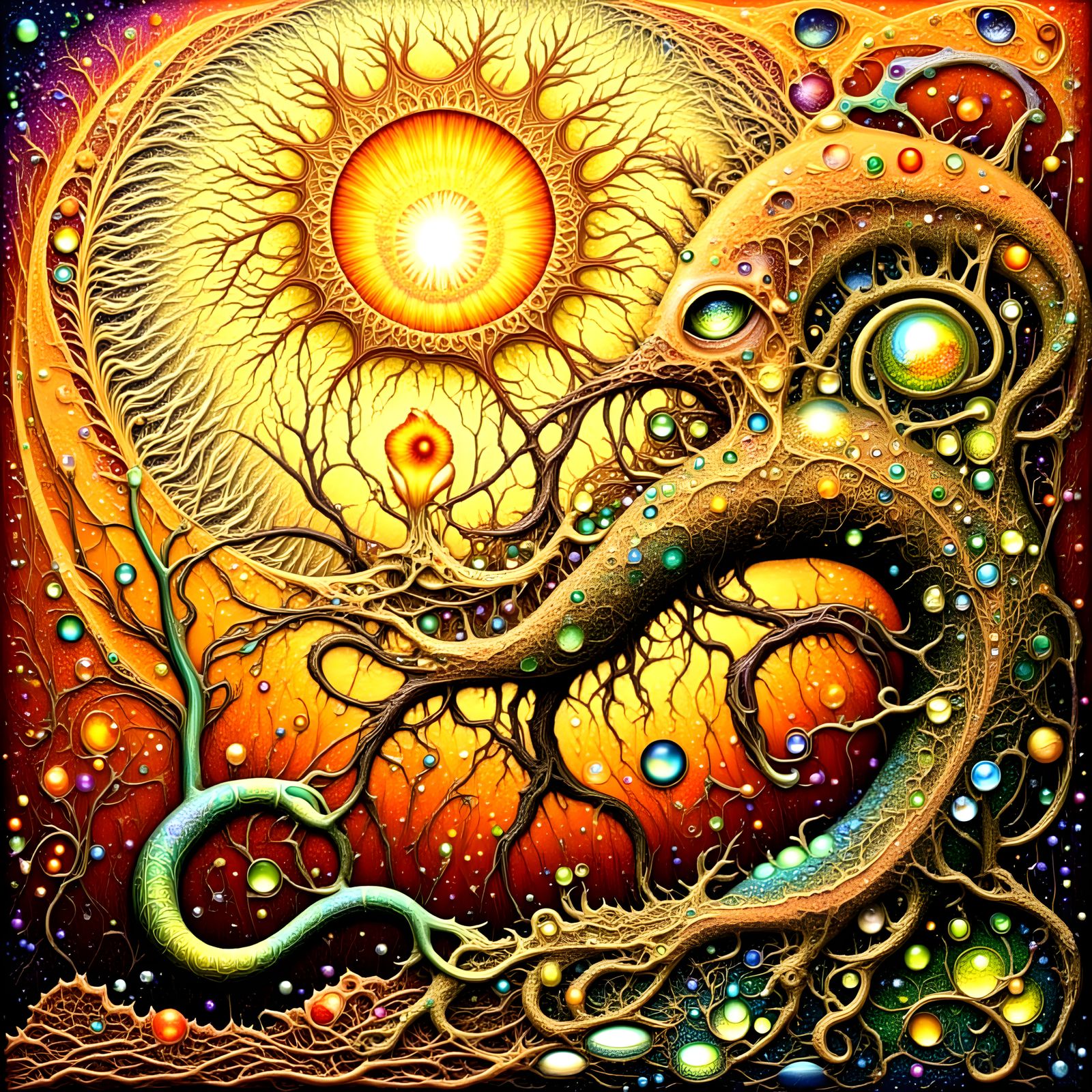 Intricate Goddess Creature Transformation with Golden Rays