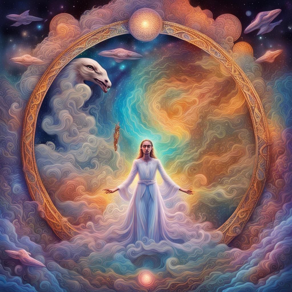 Holographic Cosmic Illustration in Pablo Amaringo Style