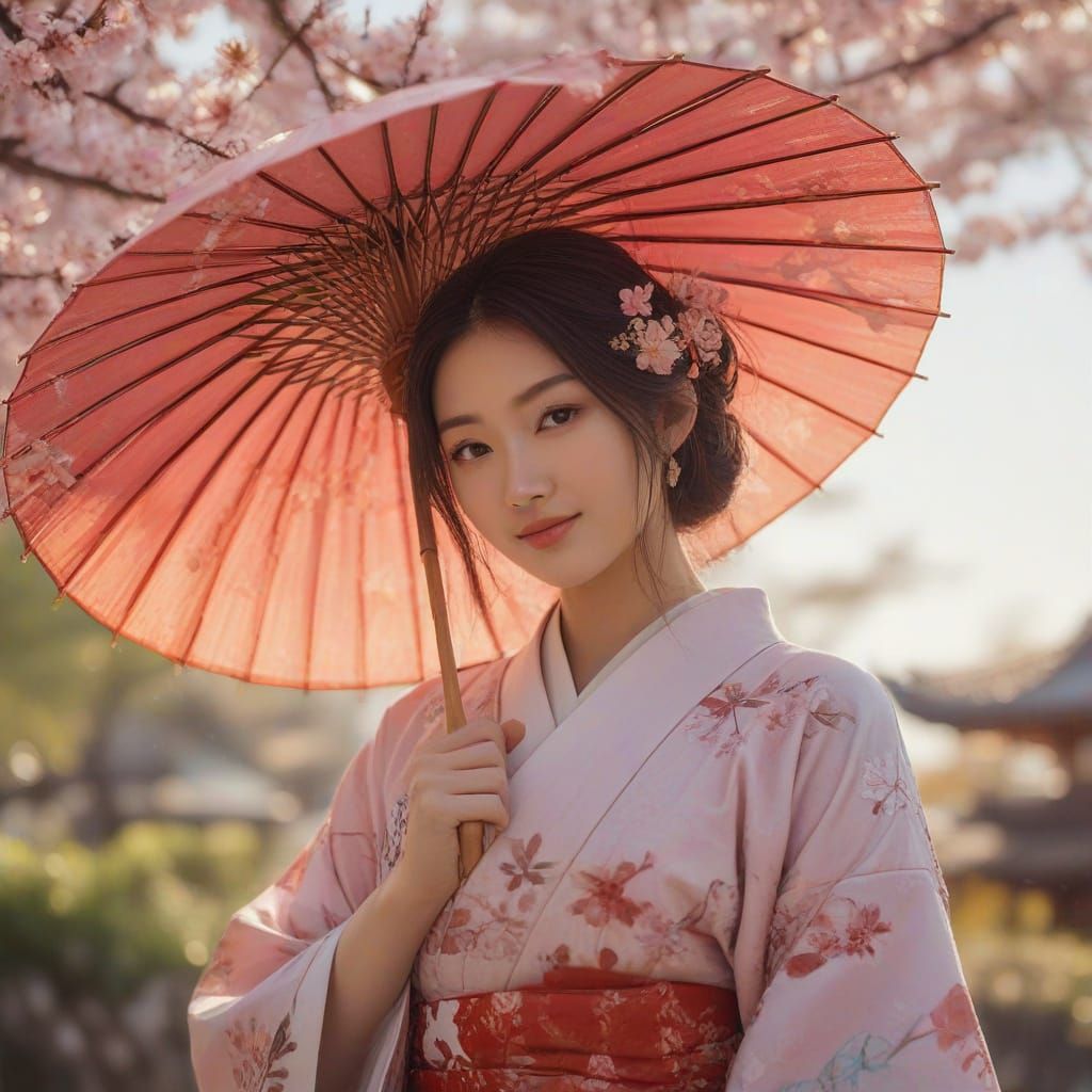 Japanese Girl Under Sakura Blossoms in Traditional Kimono