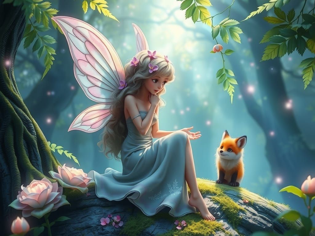 Enchanted Forest Scene: Fairy and Fox Conversation