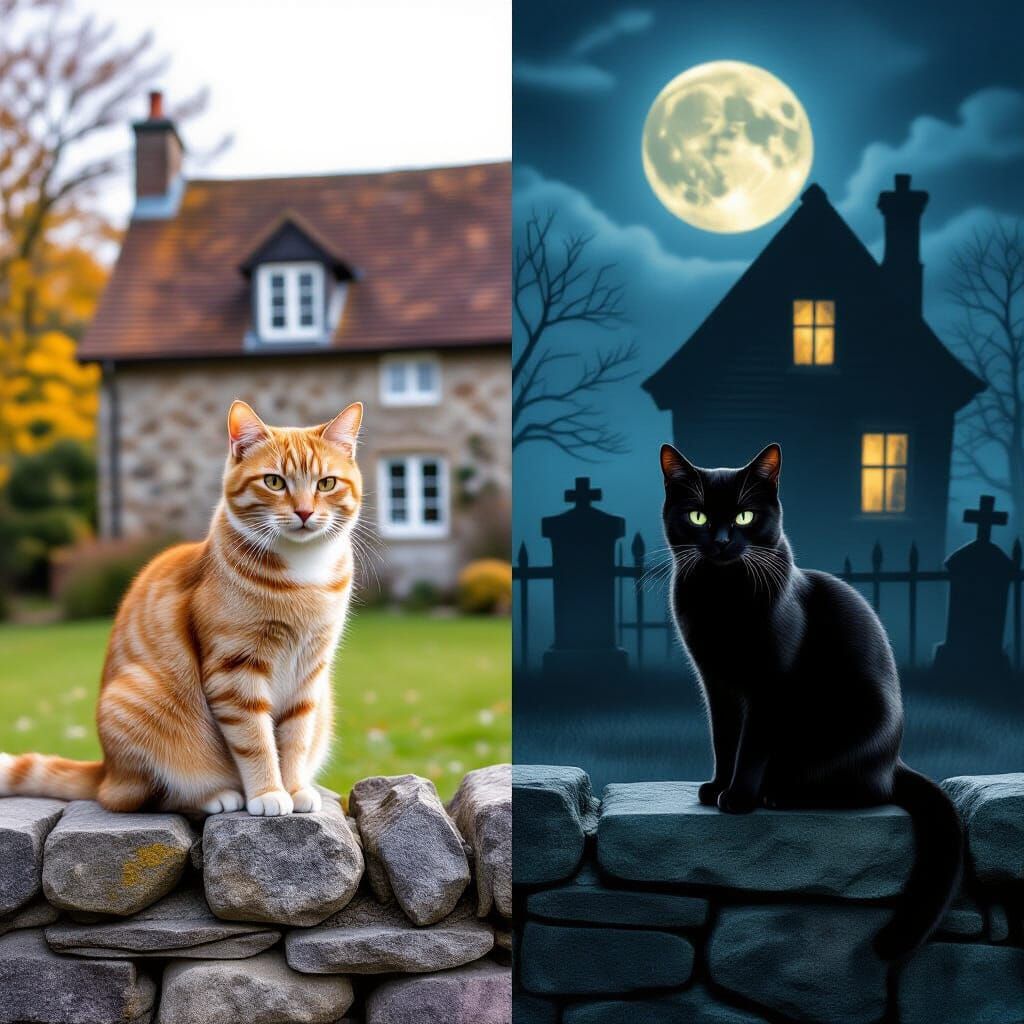 Tabby and Black Cat Contrast: Day vs. Night