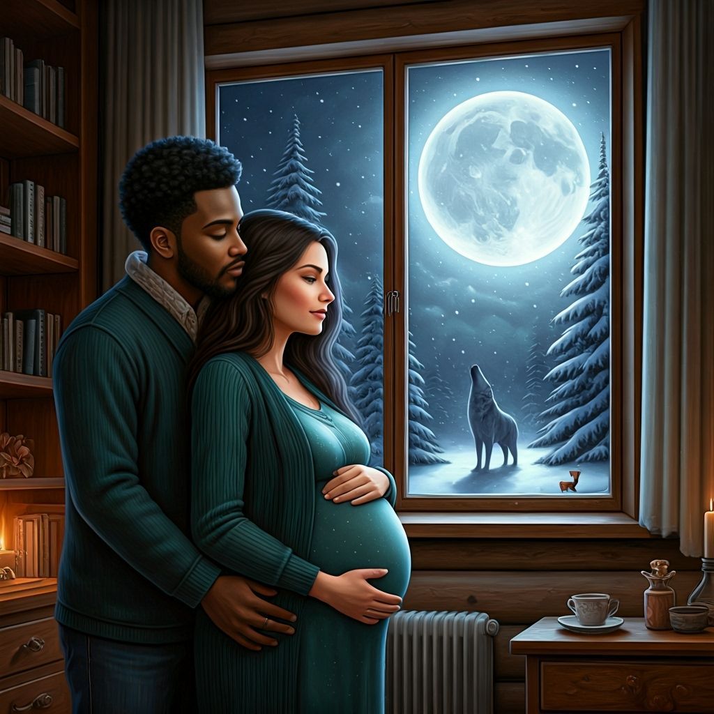 Couple in Snowy Cabin Embracing in Magical Realism Style