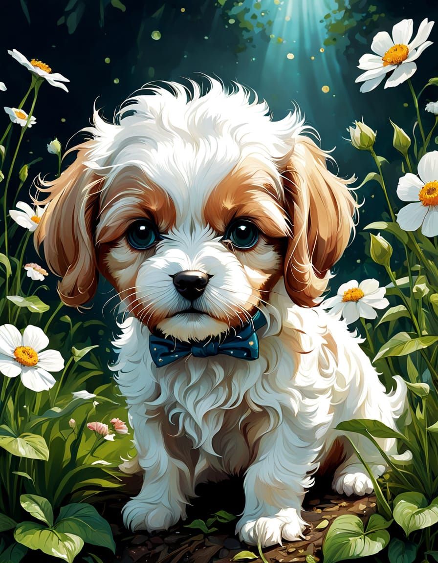 Adorable Cavachon Puppy in Floral Spring Digital Art