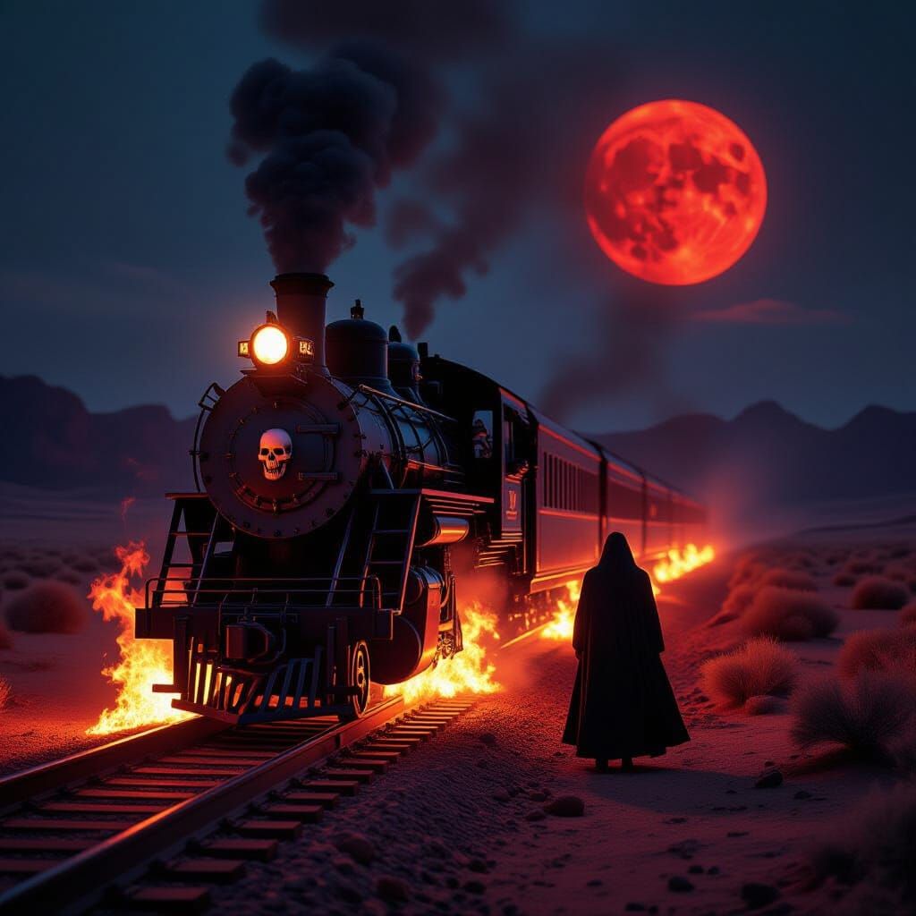 Ghostly Train Through Flaming Desert Under Blood Moon