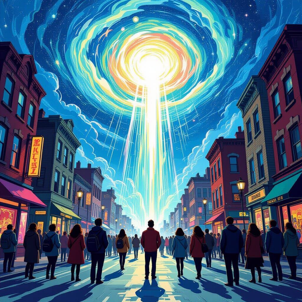 Ethereal Light Beams Descend on City Street