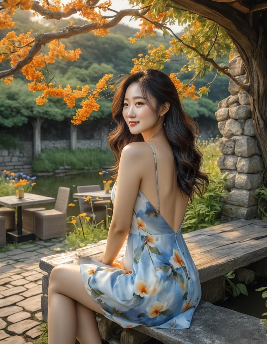 Surreal Watercolor of Woman at Cafe at Sunrise