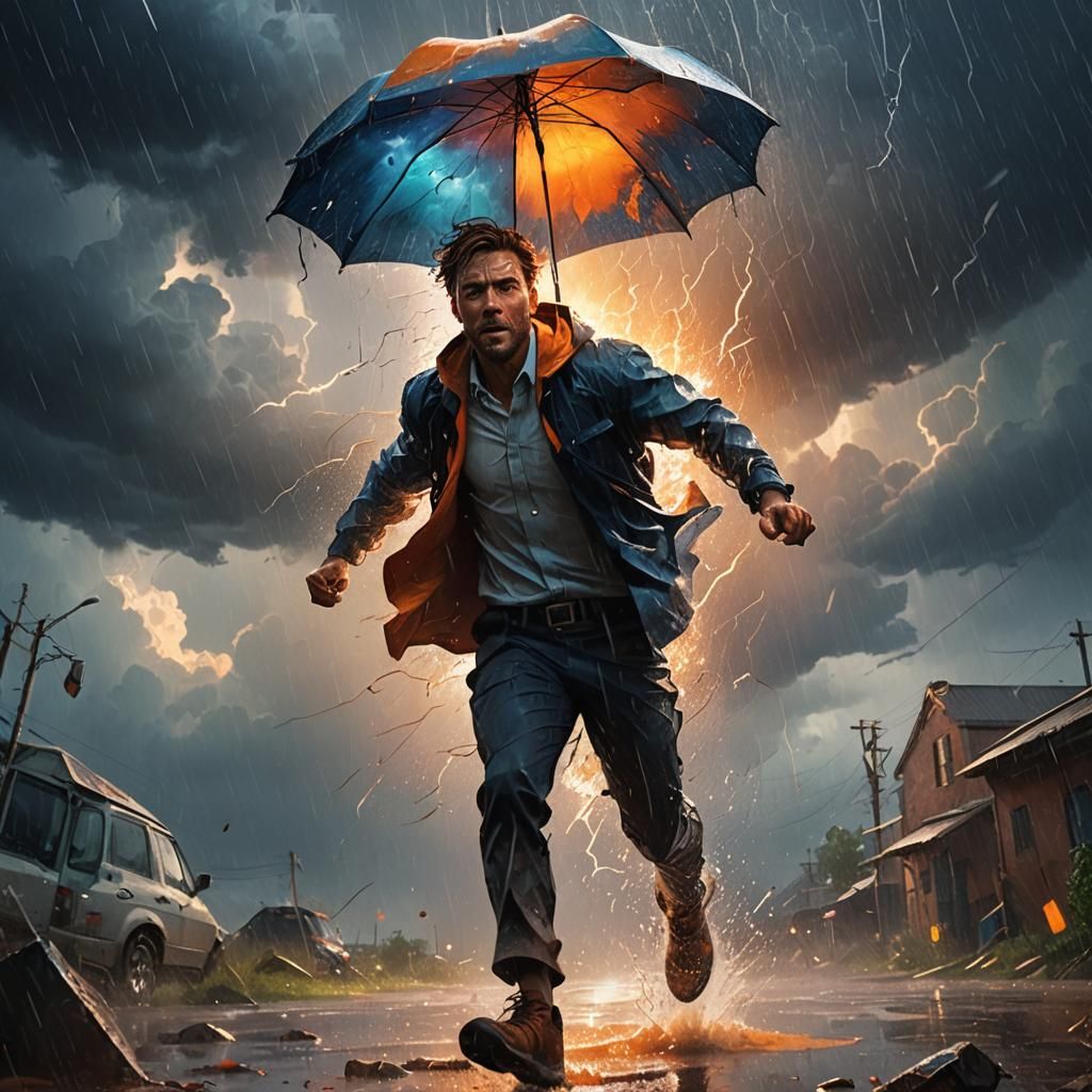 Man Escaping Storm in Vibrant Oil Painting