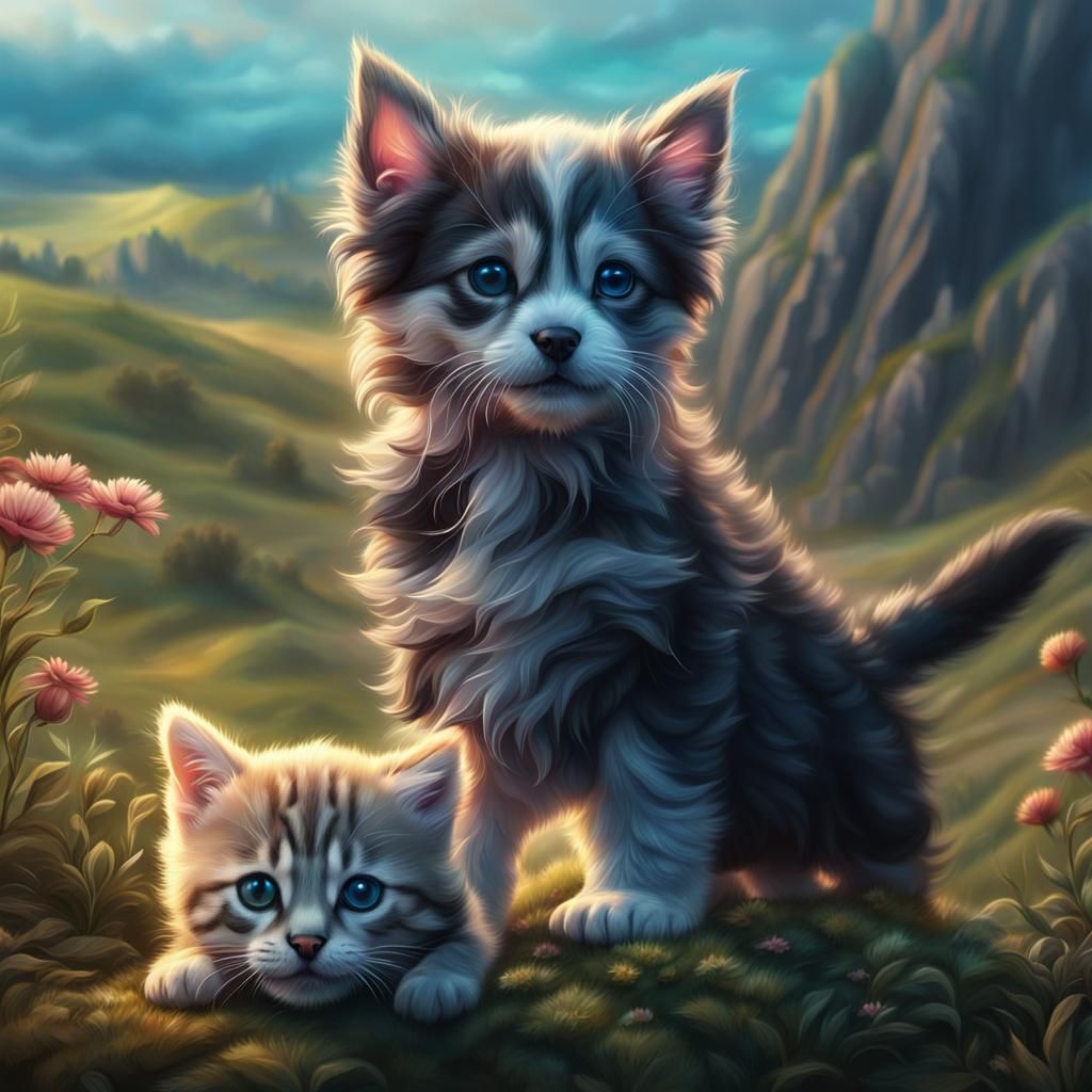 Puppy and Kitten on a Hill