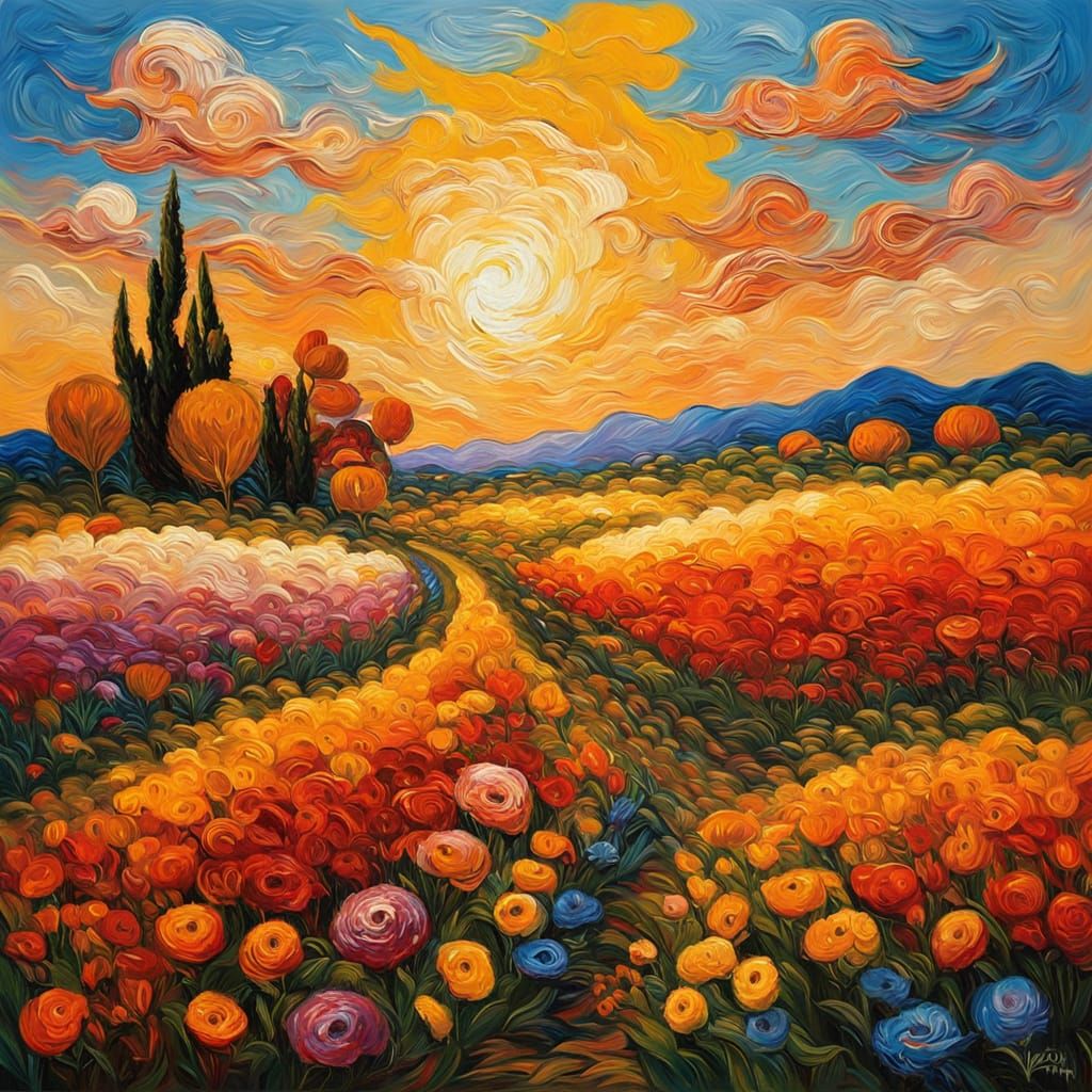 Abstract Flower Field at Sunset in Expressionist Style