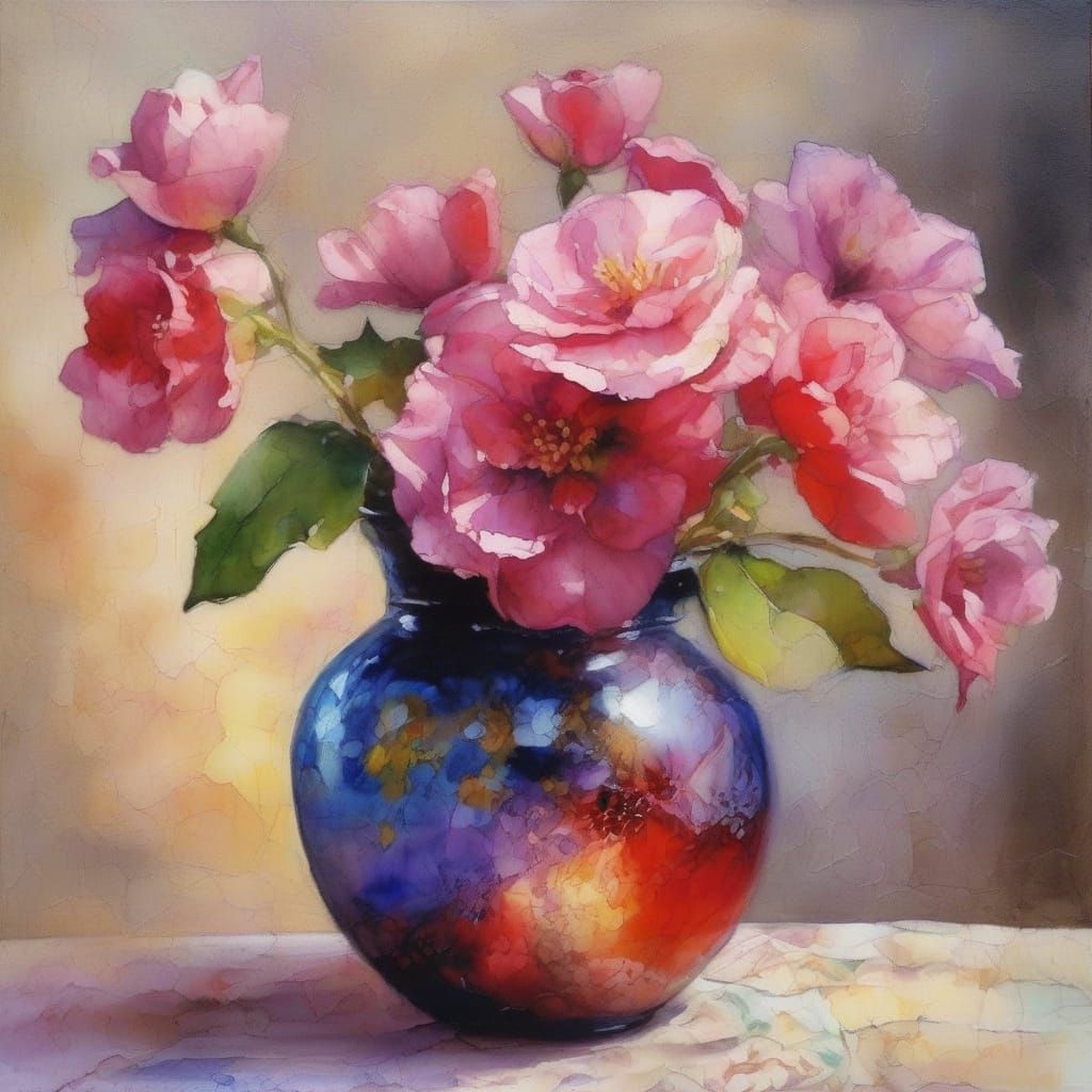 Whimsical Oil Painting of a Colorful Bouquet in a Vintage Pi...