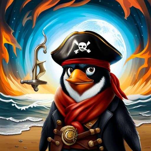 Anthropomorphic Penguin Pirate with Burning Ship, Gouache an...