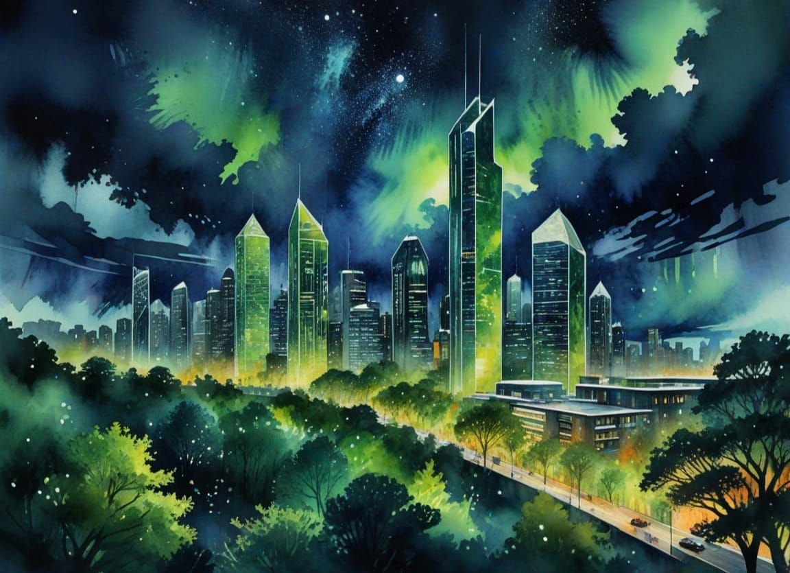 Futuristic Sustainable Cityscape against Night Sky