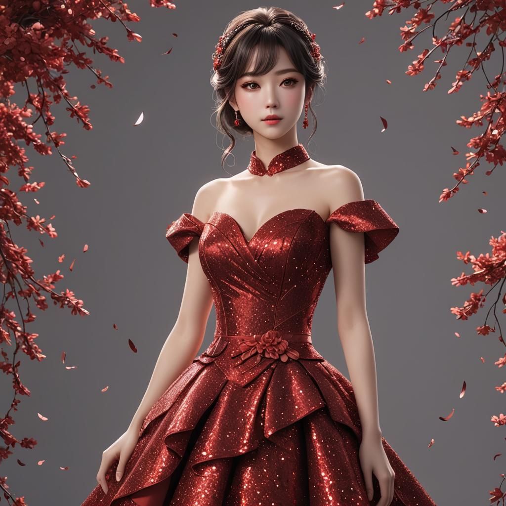 Stunning Red Glitter Dress in 3D Anime Art