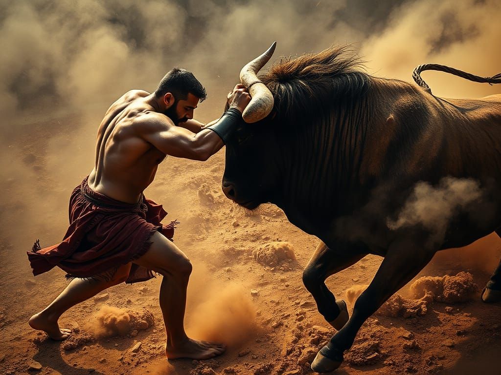 Epic Arena Battle between Man and Bull in Apocalyptic Storm