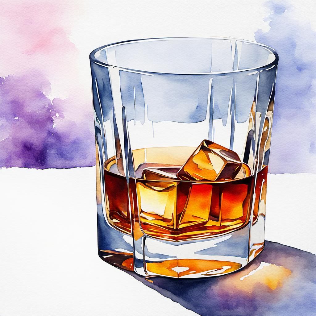 Watercolor glistening Whiskey in elegant whiskey glass,