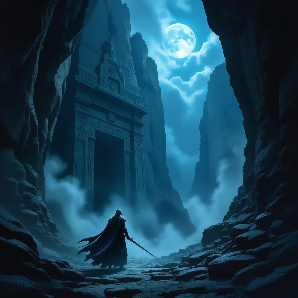 Spectral Knight Guards Ancient Tomb Under Moonlight