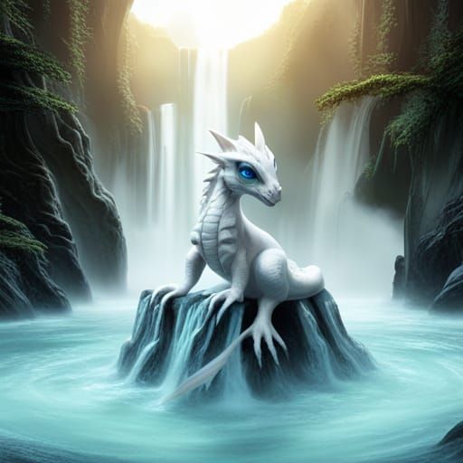 White Dragon Cub by Ethereal Waterfall