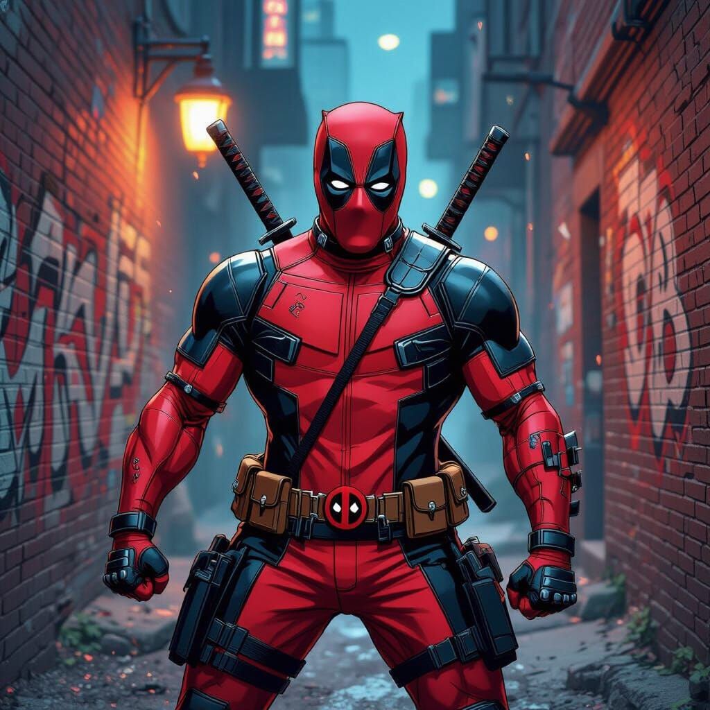 Deadpool's Chaotic Urban Pose in Comic Book Style