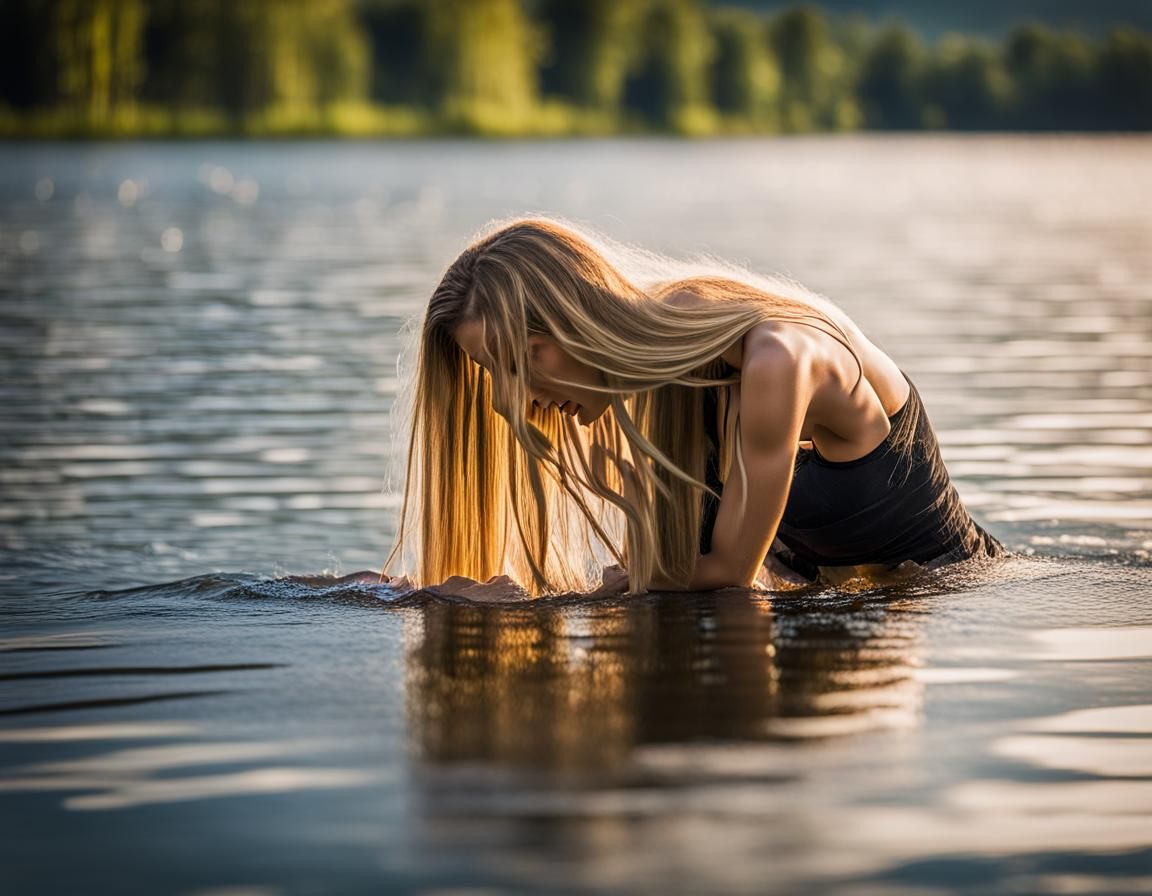 Blonde Woman Washing Hair in Lake: Professional Photography