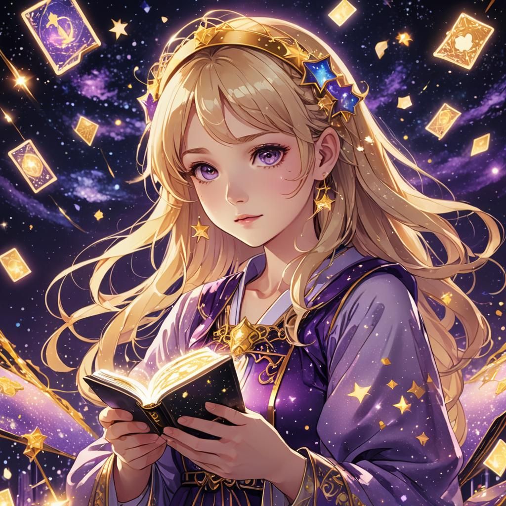 Blonde Girl with Tarot Cards in Anime Style