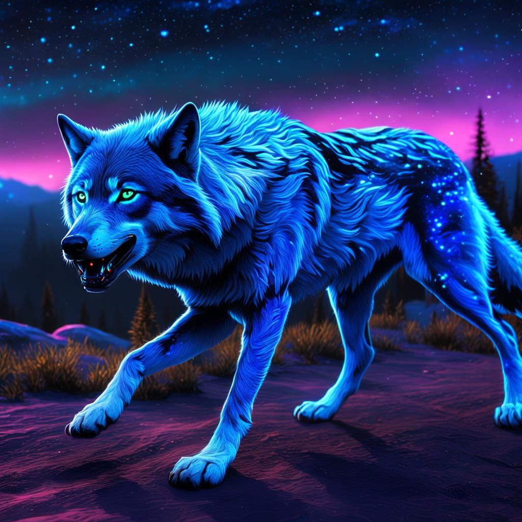 Neon blue wolf running