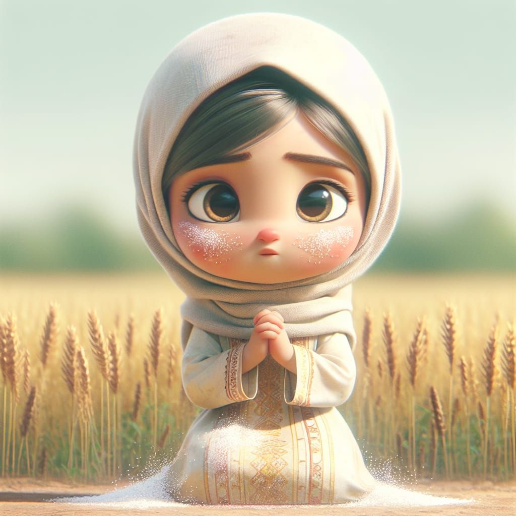 Disney Pixar style 3D adorable little girl, praying for blessings, sitting in an empty field, tears on her face, wearing...