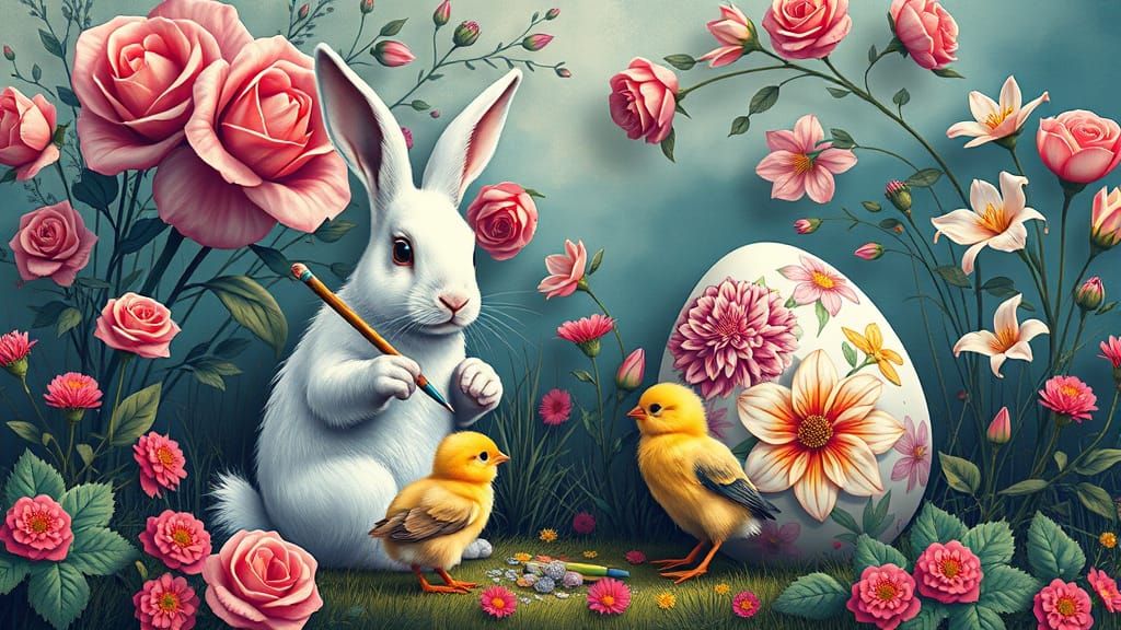 Rabbits and Chicks Painting Easter Eggs in Pop Art Style