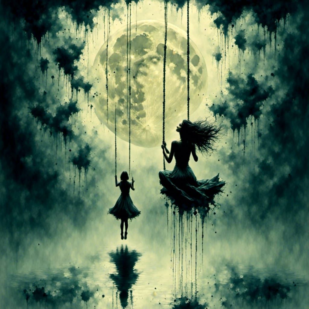 Figure on Swing with Moon in Twine and Ash