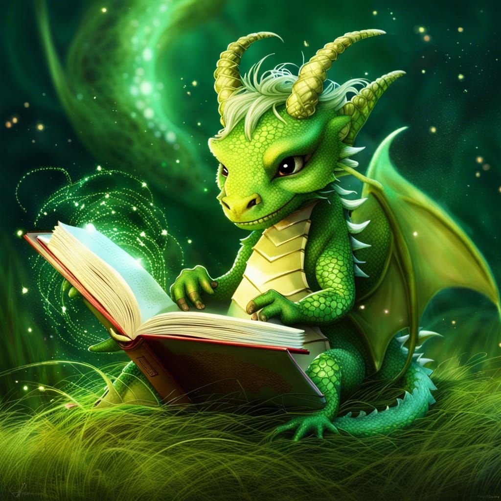 Studious Green Dragon Reading a Book