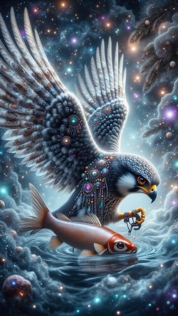 Ethereal Peregrine Falcon Dives into Mystical Lake