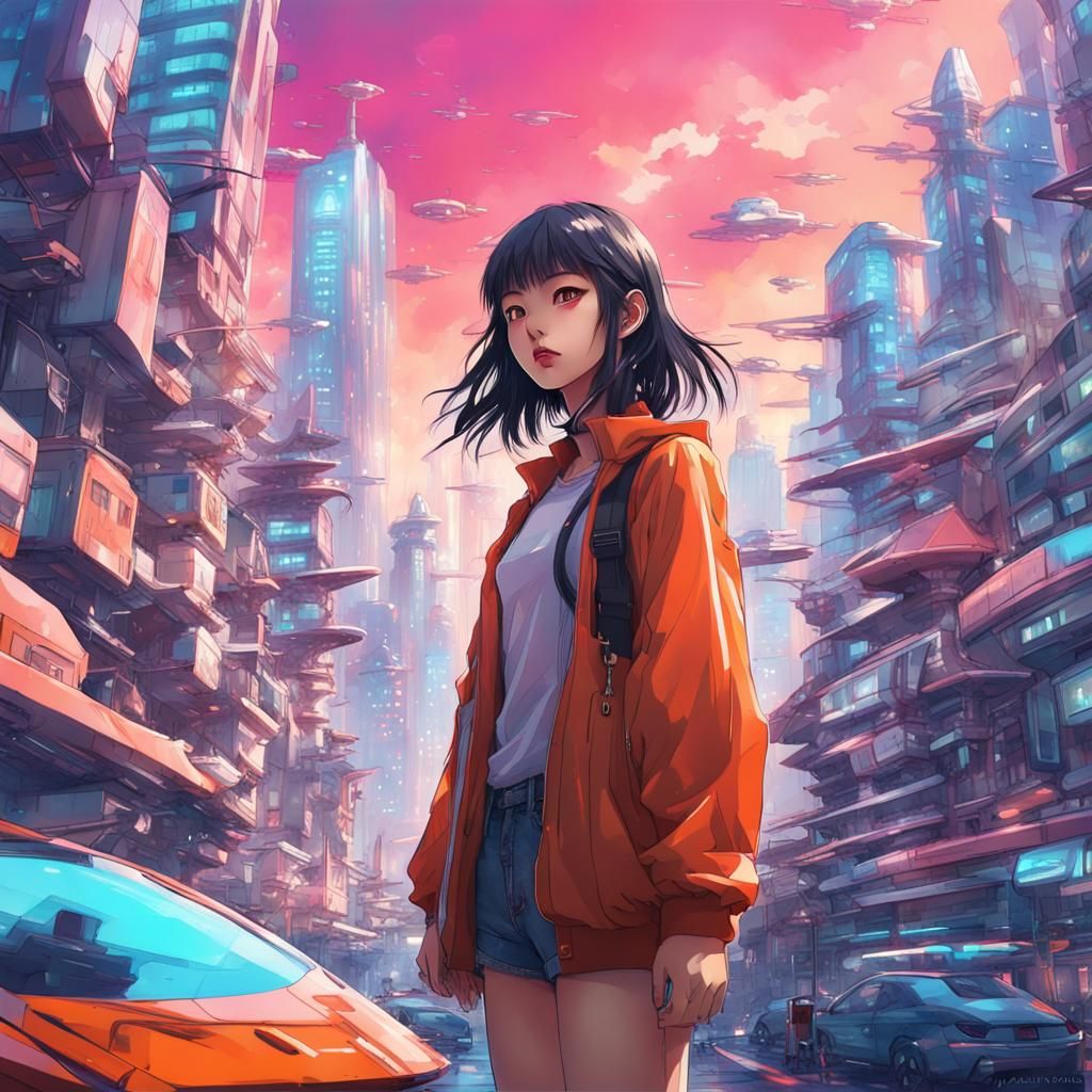 Anime Girl in Cyberpunk Cityscape: Digital Art