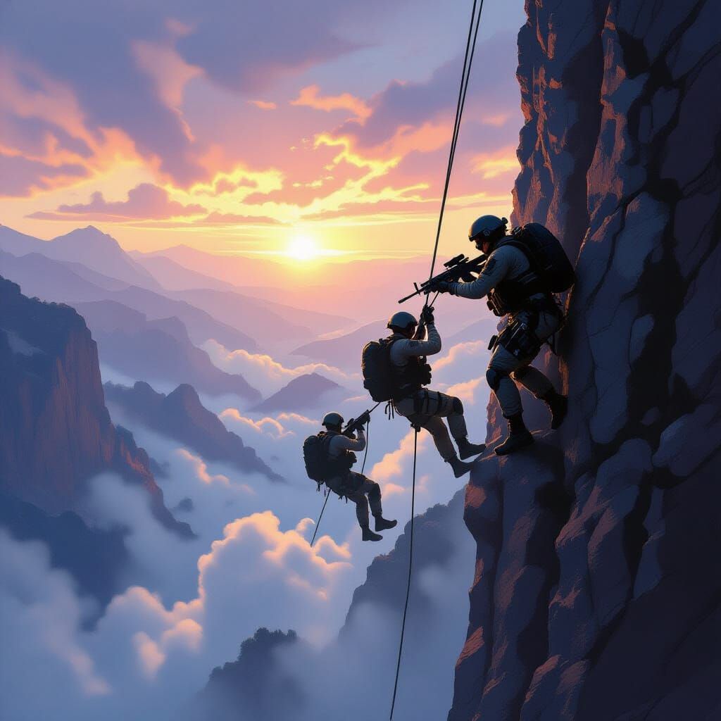 Elite Special Forces Rappelling Down Cliff at Dawn