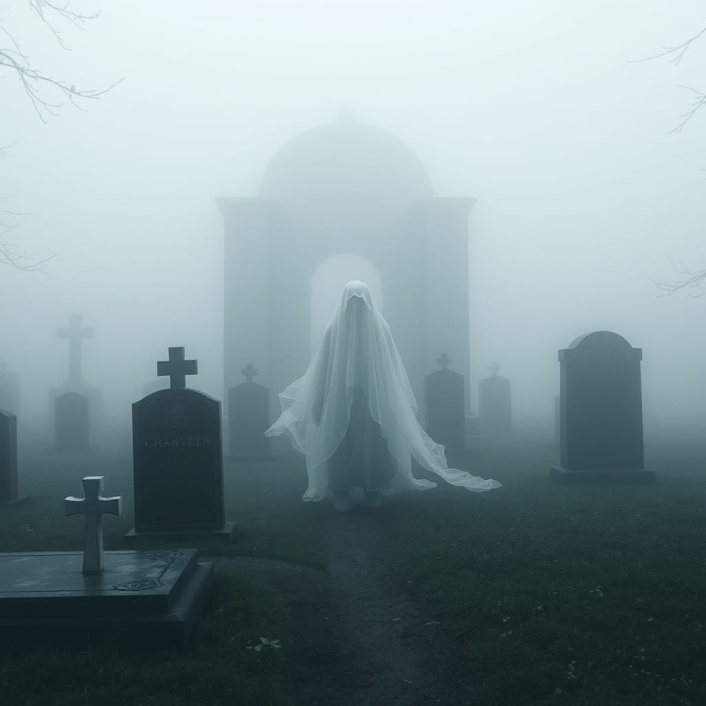 Ethereal Spirit Drifts Through Foggy Cemetery