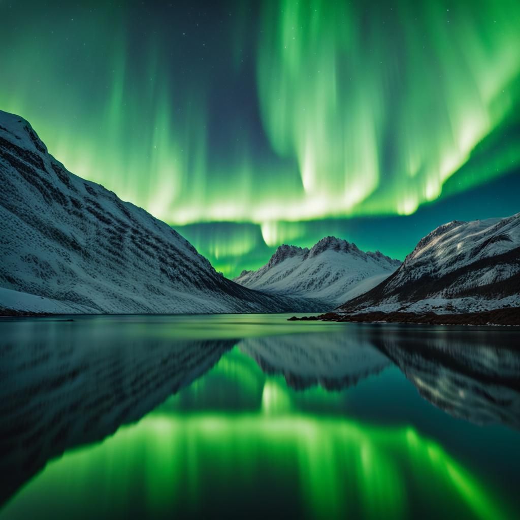 Green Aurora Borealis Reflection Over Norway