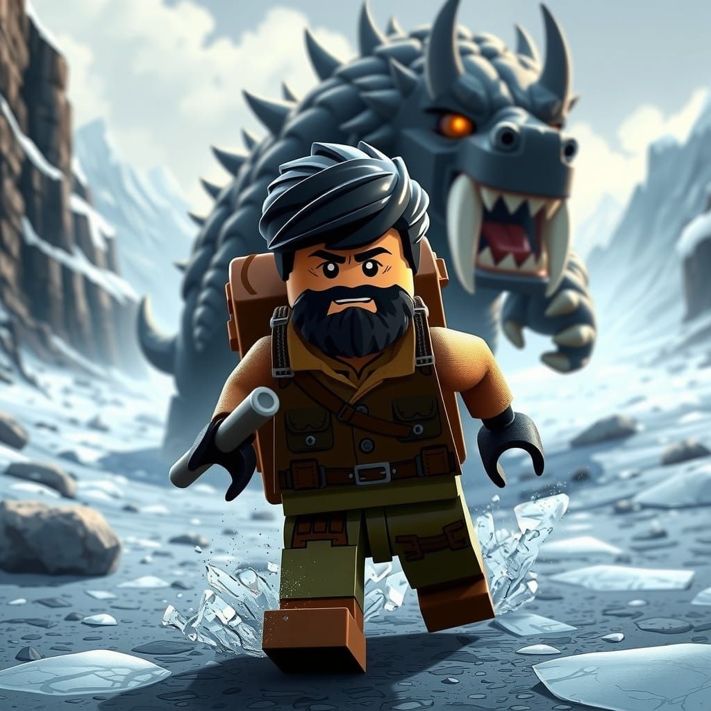 Lego Explorer Fights Rancor in Frosty Anime Landscape