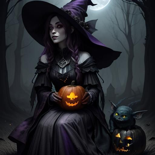 Young Witch in Pumpkin Carriage, Dark Fantasy Art