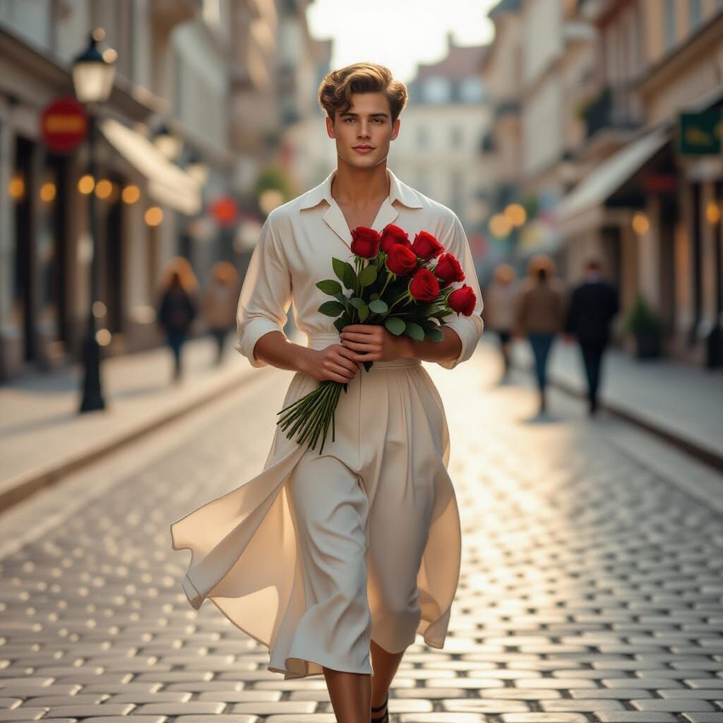 Vintage Postcard: Man in 1940s Dress with Roses