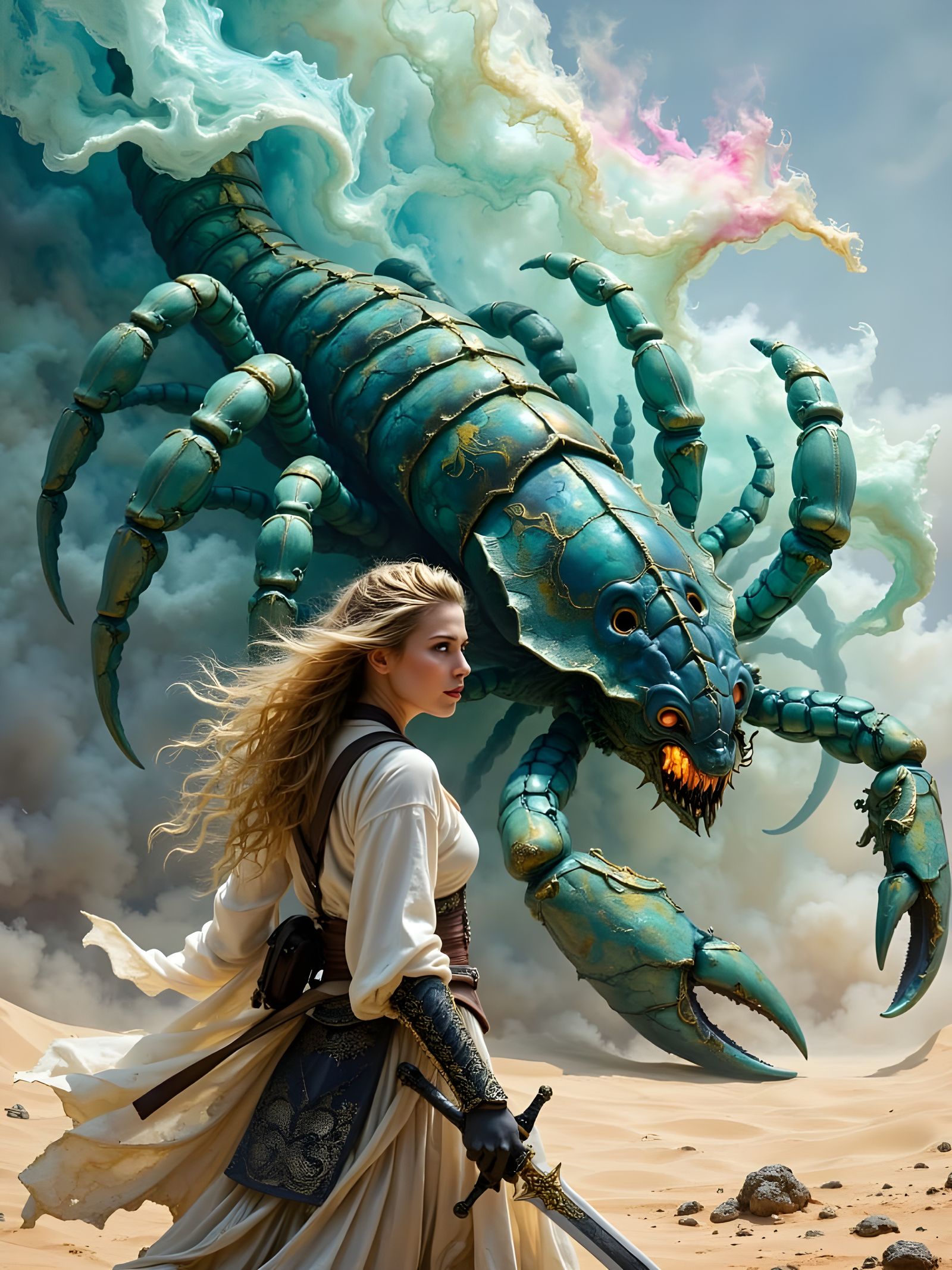 Samurai Woman Faces Glowing Scorpion in Epic Desert Battle