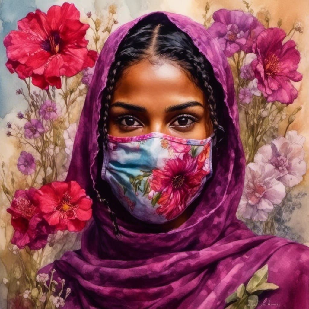Beautiful Hijabi Portrait with Flowers in Watercolor Style