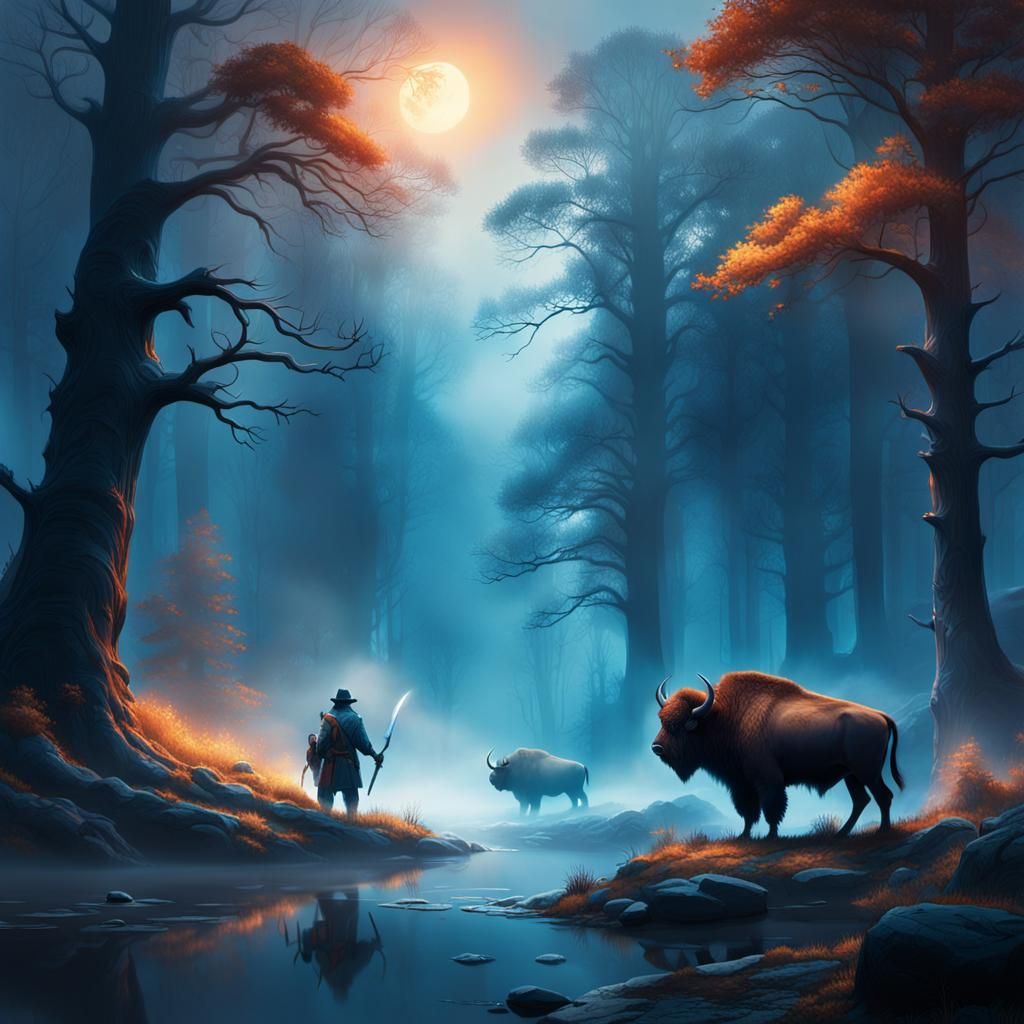 Bison and Hunter in Misty Forest, Cinematic Painting