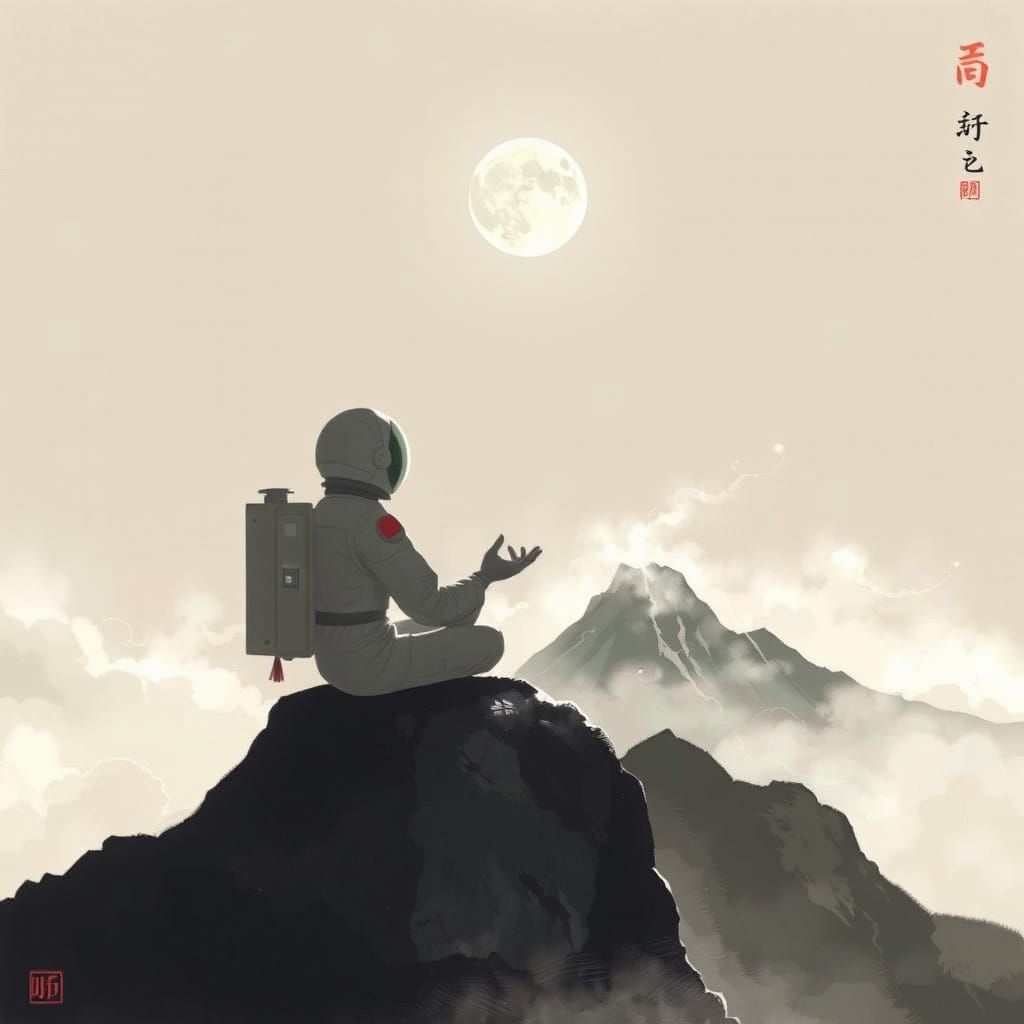 Astronaut Meditating on Mountaintop in Ink Wash Style