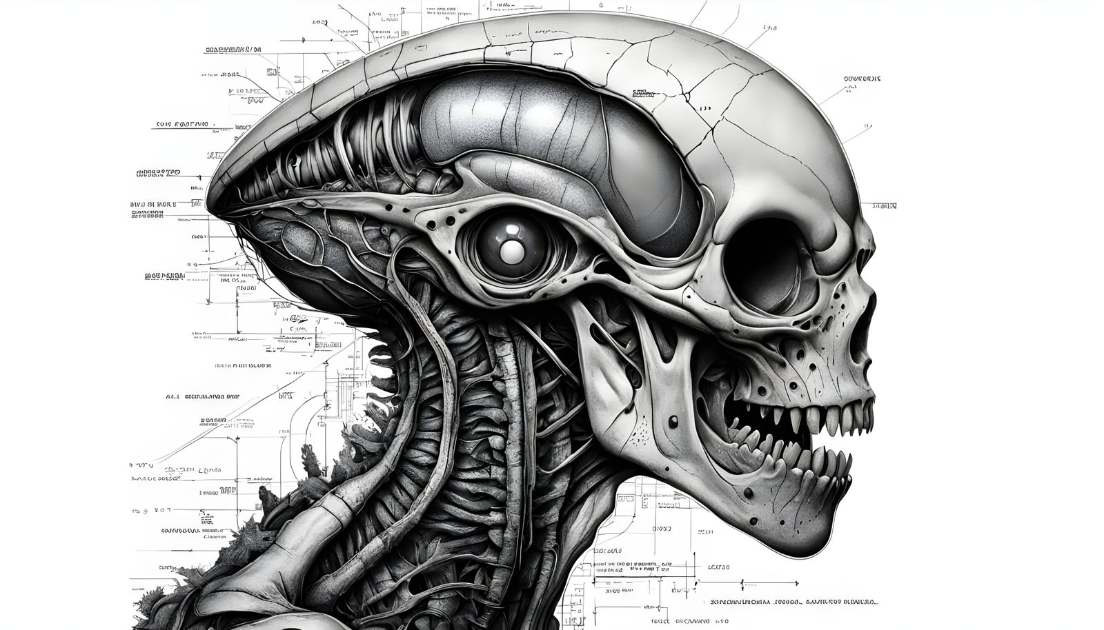 Alien Embryo Schematic Technical Drawing on Textured Canvas
