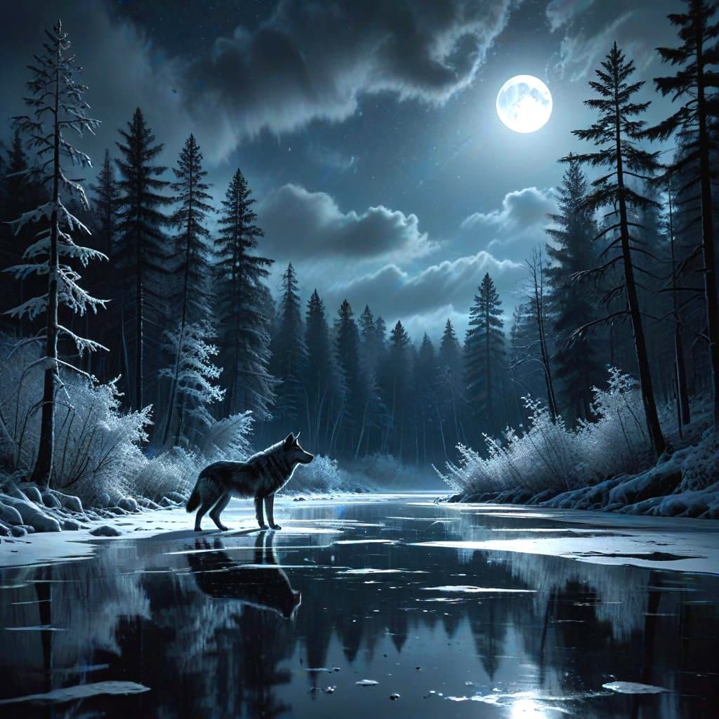 Emotional Winter Landscape with Lone Wolf