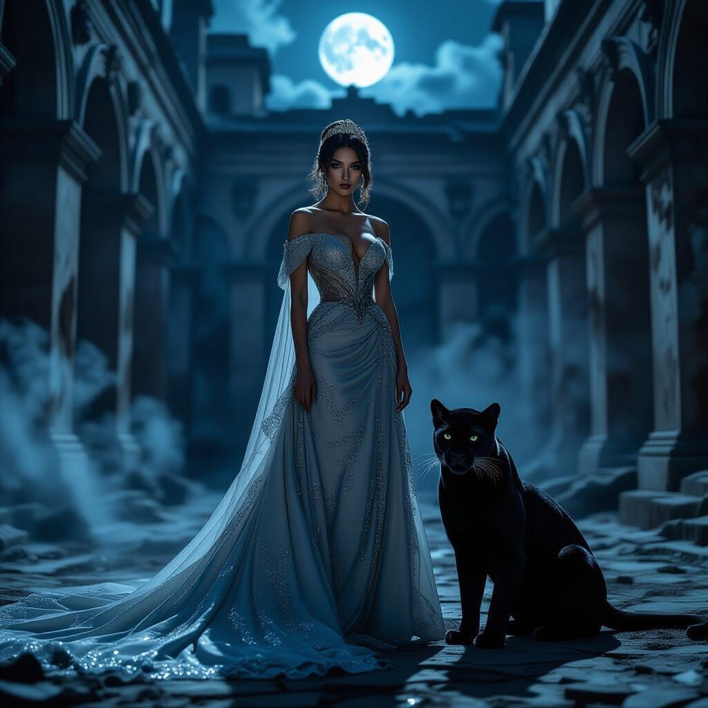 Noir Princess with Panther in Ruined Courtyard