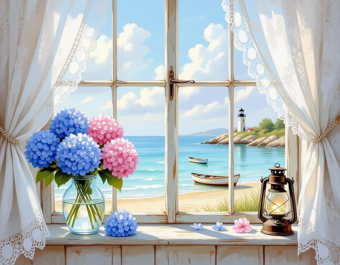 Shabby Chic Window with Lace Curtains and Sea View