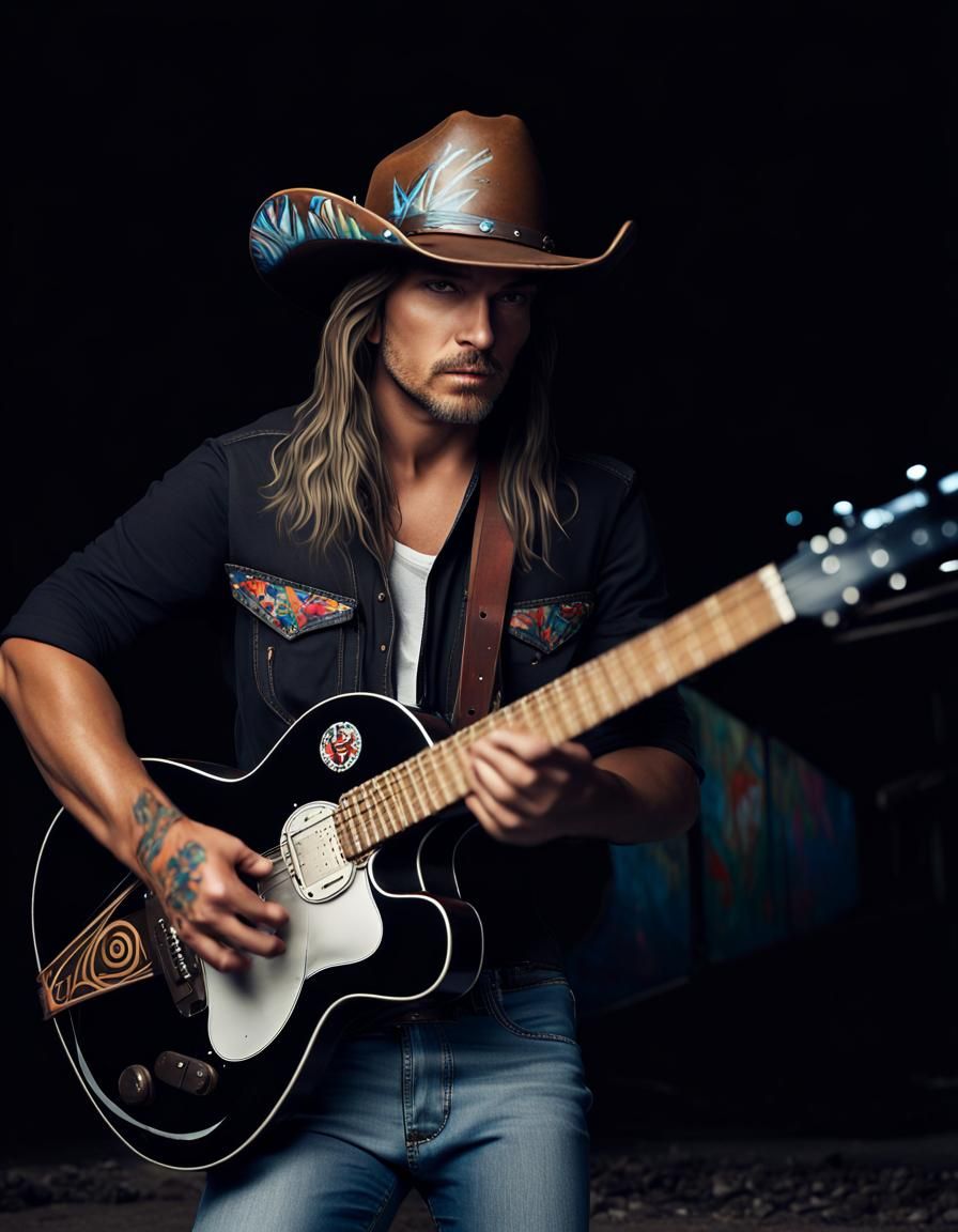 Country Singer with Guitar and Graffiti Train