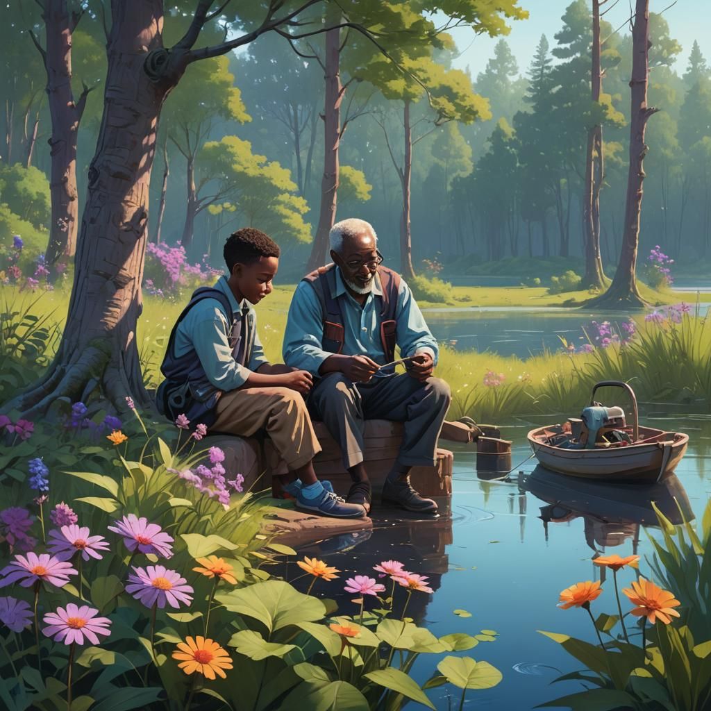 Heartwarming Fantasy: Grandfather Teaches Sewing Lakeside