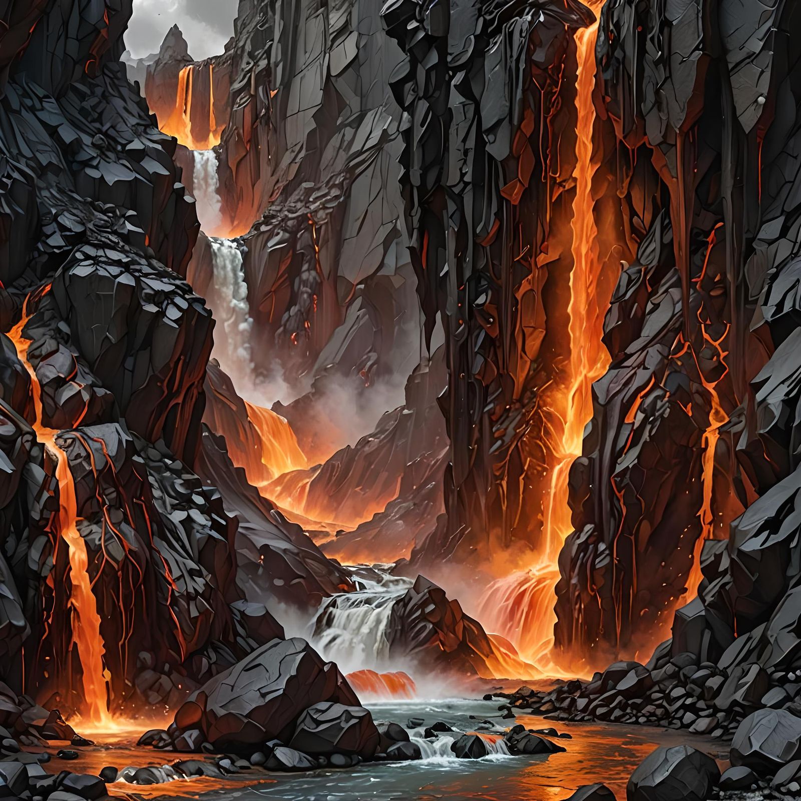 Lava Waterfall Volcano in Gouache Impressionist Style