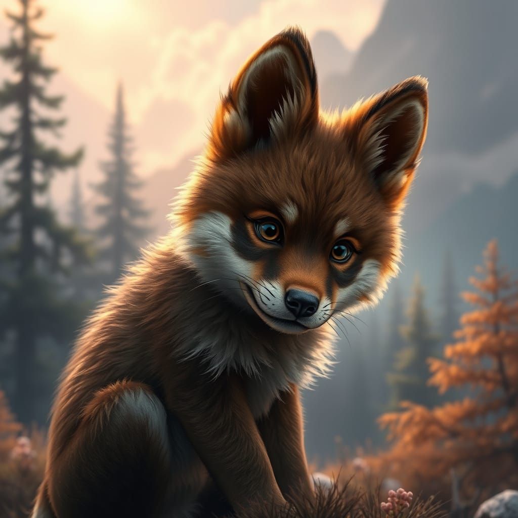 Surreal Fantasy Wolf Pup Amidst Dreamlike Forest