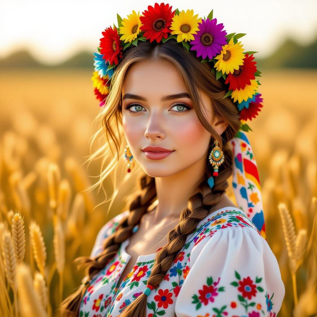 Ukrainian Woman in Wheat Field: Hyper-Realistic Portrait
